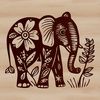 A large standing elephant with intricate ornate details in a floral pattern.