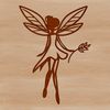 A colorful illustration of a mythical fairy in mid-flight, surrounded by leaves and flowers.