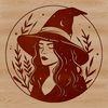 A witch stands proudly in front of a dark background, surrounded by mystical symbols and spellbooks.