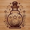 A close-up illustration of a ornate potion bottle on a gothic-style table, surrounded by mystical symbols and candles.
