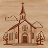 A detailed illustration of a traditional Baptist church building with a steeple.