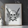 Gothic Dagger Adorned Skull Illustration A stylized illustration of a Gothic skull adorned with a dagger and rose.