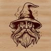 A medieval-style wizard with a pointed hat and long white beard, surrounded by magical symbols.