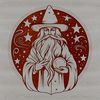A medieval-style wizard with a long beard and pointed hat, surrounded by mystical symbols and elements.