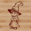 An illustration of a wise old wizard in a fantasy setting, holding a staff and wearing a starry cloak.