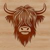 Rugged Farm Companion A stylized vector graphic of a Highland cow standing on a rural farm background.