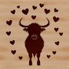Loving Highland Cow Farm Friend A Highland cow standing in a field with heart symbols surrounding its body.