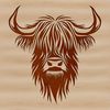 Highland Cow Portrait with Unique Horns Illustrative rendering of a Highland cow's head with distinctive horns and facial features.