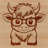 A highland cow standing in a field, wearing glasses in a playful touch.