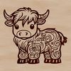 Rustic Farm Cow Silhouette An illustration of a standing Highland cow on a farm with a rustic background.
