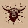 Scottish Highlands Iconic Cattle Portrait A close-up illustration of a Highland Cow's head with distinctive horns and a rugged coat.