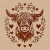 Beautiful Highland Cow SVG Icon Graphic A highland cow with distinctive horns stands in a rural landscape.