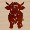 A standing Highland cow with distinctive horns and coat pattern, a common farm animal.