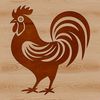 A colorful illustration of a rooster standing on a farm yard.