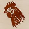 Illustrated chicken head with beak and feathers, suitable for vector graphics.