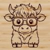 Glasgow's Gentle Giant Highland cow standing in a rural landscape, depicted as wearing glasses in a vector illustration.