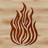 A graphic design element featuring a bold, flame shape with clean lines and geometric edges.