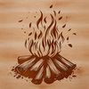 A circular gathering of flames rising from a contained fire pit in an outdoor camping setting.
