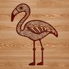 A single pink flamingo standing on one leg in a tropical wetland.