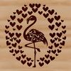 A stylized illustration of a flamingo with love hearts surrounding its body.