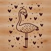 A stylized illustration of a flamingo standing on one leg with love hearts surrounding its body.