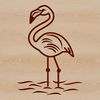 A simple line drawing of a flamingo standing on one leg in a natural setting.