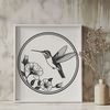 Whimsical Bird with Floral Accents An illustration of a small bird with iridescent feathers and a long beak, surrounded by leaves and flowers.