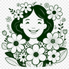 A minimalist illustration of a woman surrounded by floral elements.