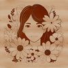 A simple illustration of a female figure surrounded by floral elements.
