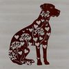 Adorable Great Dane Clip Art Large breed dog sitting with floral garland and love hearts, suitable for pet-themed designs.
