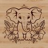 A stylized illustration of a standing elephant with ornate floral patterns.