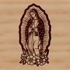 A detailed, ornate illustration of the Virgin Mary in a floral-adorned setting.