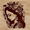 A detailed illustration of the Virgin Mary featuring floral elements and ornate details.