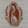 Floral Patterned Our Lady of Guadalupe Art A traditional representation of the Virgin Mary in ornate attire adorned with floral patterns.