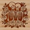 Sweetheart Skeletons with Roses A pair of love skeletons surrounded by a floral arrangement with roses.