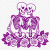 A skeleton holding a bouquet of roses, symbolizing love and Valentine's Day.