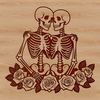 A skeleton holding a bouquet of roses, surrounded by flowers and foliage in a stylized design.