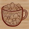 A simple illustration of a coffee cup with a delicate floral pattern on the side.