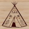 A colorful, stylized illustration of a traditional teepee-style tent with a floral pattern on the fabric.