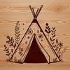 A simple, 2D illustration of a tent with a floral pattern on its fabric.