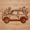 A simple 2D illustration of a vehicle with floral patterns on its body.