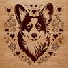 Floral Beauty - Stylized Dog Head A stylized illustration of a Welsh Corgi's head surrounded by ornate floral patterns and love hearts.