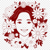 A minimalist illustration of a woman surrounded by floral patterns.