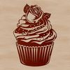 A colorful illustration of a cupcake with floral designs.