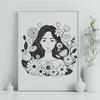 Woman in a Garden of Florals A simple illustration of a woman surrounded by floral patterns in various styles.