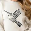 A vibrant illustration of a hummingbird in flight, depicted with intricate details and realistic features.