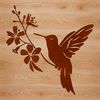 A vibrant, colorful hummingbird in flight, surrounded by floral elements.