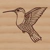 A hummingbird in flight, depicted with detailed feathers and beak.