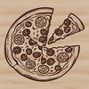 A vector design of a circular-cut pizza with melted cheese and tomato sauce.