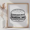 A digital illustration of a hamburger featuring a patty, bun, lettuce, cheese, tomato, and condiments.